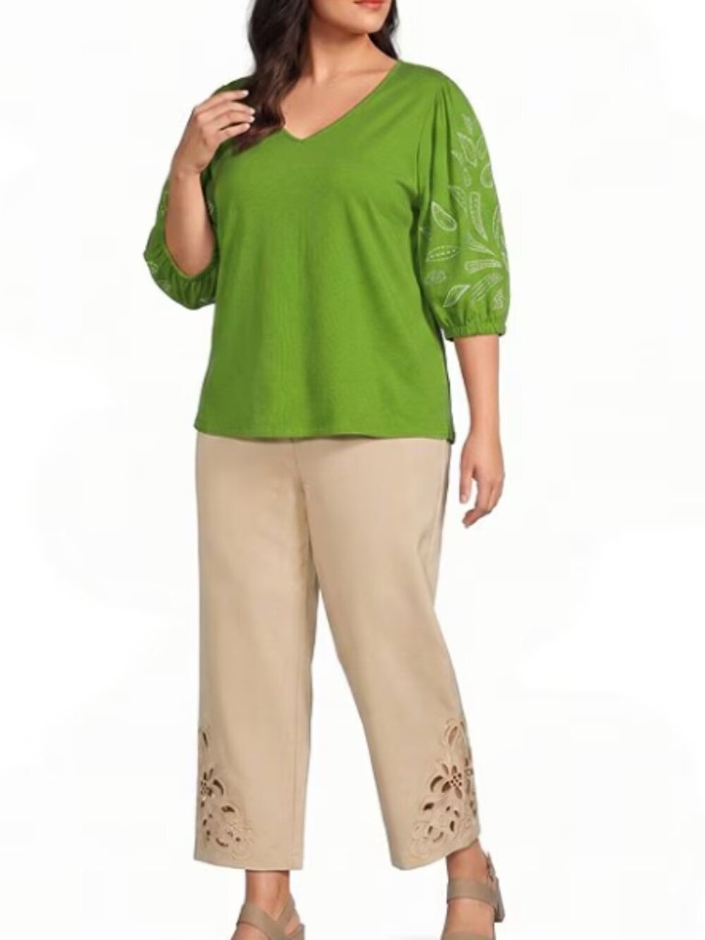 Investments Plus Size Elbow Sleeve Embroidery V-Neck Knit Top Sz 1X